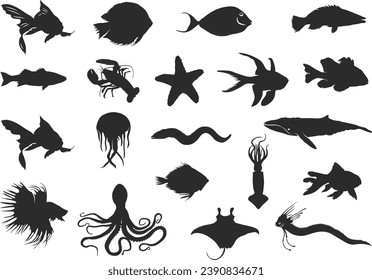 Sea fish silhouette, Fish clipart, Fish silhouette, Saltwater animal silhouette, Ocean fish silhouette.