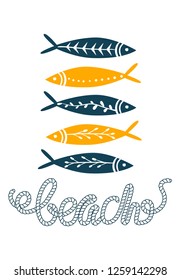 Sea fish simple styling print. Two color. Quote lettering with sea rope. Print for kids t-shirt and sea style souvenirs. Isolated on white background. Fish set collection