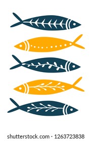 Sea fish simple styling print. Two color. Quote lettering with sea rope. Print for kids t-shirt and sea style souvenirs. Isolated on white background. Fish set collection