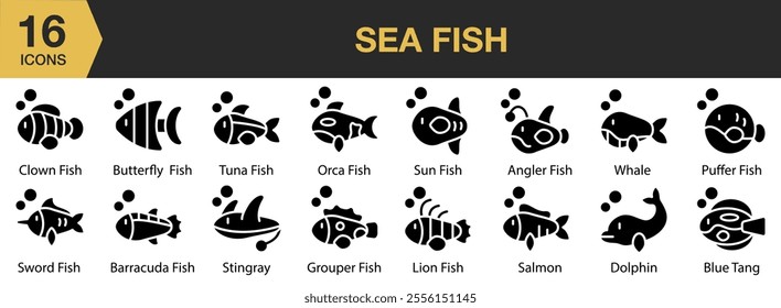 Sea Fish solid icon set. Includes orca, sun, angler, whale, puffer, lion, salmon, dolphin, and More. Solid icons vector collection.