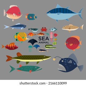 Sea Fish Species Icons Colorful Flat