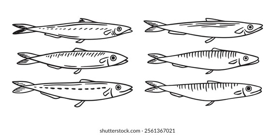 sea fish, sprat, herring, mackerel, little fish doodle hand drawn icon. Outline drawing sea fish, herring, mackerel, little fish line clipart symbol. Vector illustration