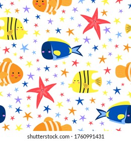 Sea fish and starfish. Cute cartoon sea animals. Seamless pattern for printing on fabric, paper. Flat vector illustration isolated on white background.