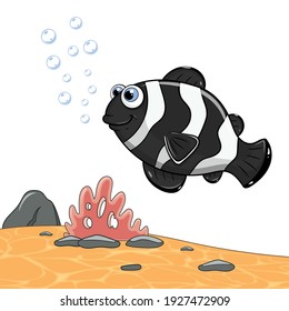 Sea fish swimming and blowing bubbles. Cartoon black fish isolated on sea landscape. Marine underwater world with plants on sand and color fish. Template of cute ocean fish. Design in cartoon style