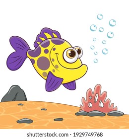 Sea fish swimming and blowing bubbles. Cartoon colorful fish isolated on sea landscape. Marine underwater world with plants on sand and color fish. Template of cute ocean fish. Design in cartoon style