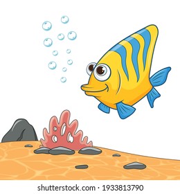 Sea fish swimming and blowing bubbles. Cartoon Coral fish isolated on sea landscape. Marine underwater world with plants on sand and color fish. Template of cute ocean fish. Design in cartoon style