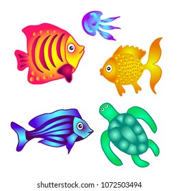 Sea fish, turtle and jellyfish to decorate posters, banners, leaflets. Vector illustration.