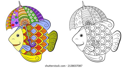 Sea fish with an umbrella and a doodle pattern on a white background. Anti-stress coloring book for children and adults. Decorative element for design