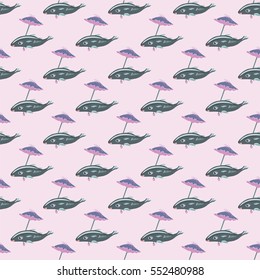 Sea fish under the umbrella. Seamless pattern. - vector illustration