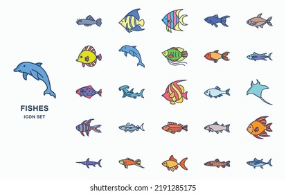 Sea fish and underwater icon set