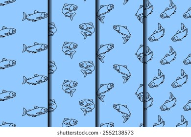 sea fish with various poses outline seamless pattern on blue background set. big bass fish minnows illustration pattern background collection for fish shop, fishing sport, restaurant seafood business