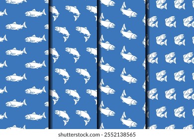 sea fish with various poses silhouette seamless pattern on blue background set. big bass fish minnows illustration pattern background collection for fish shop, fishing sport, restaurant seafood