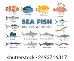 Sea fish vector illustration set. Marine fish cartoon clipart in flat style. Sharks, salmon, tuna, clownfish, blue tang, pufferfish, eel, swordfish, lionfish, barracuda, sailfish flat vector design