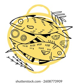 Sea fish with vegetables in a frying pan. Ready to bake bluefish with onions, lemons and herbs in the kitchen. Healthy food in doodle style