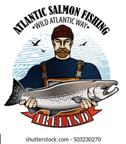 Sea Fisherman Holding a Silver Salmon Fish. Vector Illustration.