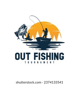 Sea fisherman silhouette in the sunset logo design