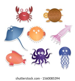 Sea fishes and animals collection - vector illustration on white background.