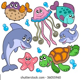 Sea fishes and animals collection - vector illustration.