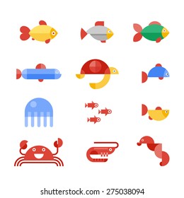 Sea fishes and animals made from abstract flat simple forms.