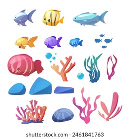 Meeresfische, Korallen, Algen, Algen, Muscheln und Kieselsteine Vektorgrafik flache Illustrationen gesetzt. In: Cartoon Marine Animal. Exotischer tropischer Fisch. In: Ocean Fauna Wildlife and Flora. Aquarium Haustier, Wasserdekoration