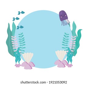 sea fishes jellyfish seashells algaes stones vector illustration cartoon