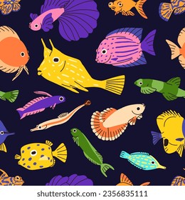 Sea fishes, seamless pattern. Endless marine background, cute underwater animals, aquarium species. Tropical ocean fauna, repeating print, texture design. Colored flat vector illustration for fabric