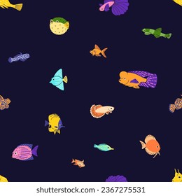 Sea fishes, seamless pattern, endless background design. Exotic tropical marine print. Underwater aquarium species, repeating texture. Colored flat vector illustration for textile, wrapping, wallpaper