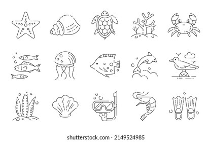 Sea fishes and seaweeds line icon set. Set of line art icons on white background. Summer concept. fish, dolphin, shrimp, turtle and various others ocean and sea creatures. 