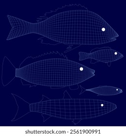 Sea fishes set wireframe. Marine and freshwater species. Side view. Vector illustration. 3D