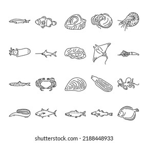 Sea fishes and shellfishes line icons set. Isolated vector element. Outline pictograms for web page, mobile app, promo. Editable stroke.
