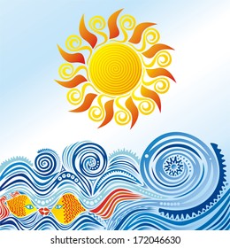 Sea fishes sun nature pattern background vector illustration