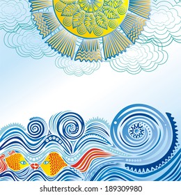 Sea fishes and sun vector illustration
