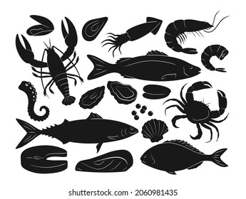 Sea fishes. Vector icons set of silhouette seafood with shrimp, salmon, dorado, lobster, crab, mussel, squid, octopus, oyster, shells on a white background. Seafood for menu, web design. Fresh fish