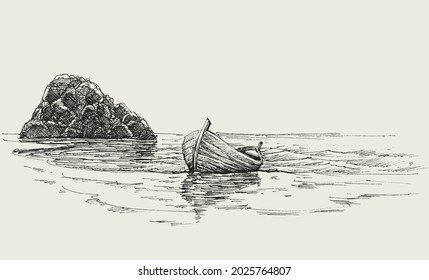 Sea and fishing boat hand drawing, marine background sketch