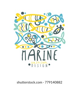 Sea or fishing club logo original design with lettering and abstract different fish in water. Flat creative hand drawn colorful vector illustration on white.