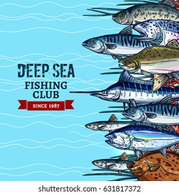 Afiche del club de pesca marítima. Banner del club de pesca con bocetos de peces marinos de marlín, atún, salmón, caballa, flounder, arenque y espadín sobre fondo de olas de agua azul. Diseño de temas de pesca marítima