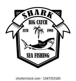 Sea fishing. Emblem template with shark fish. Design element for logo, label, sign, poster. Vector illustration