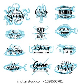 Sea fishing or fisherman club sketch lettering icons. Vector fisher adventure calligraphy symbols of rod and hook, ocean tuna or lake trout and flounder, lures and tackles, seafood octopus and shrimp