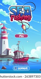 Sea Fishing Game Interface with Tugboat and Lighthouse