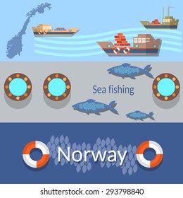Sea fishing in Norway industrial fishing marine transportation flat vector banners 