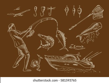 Sea fishing. Outline set
