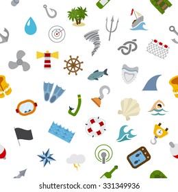 Sea Fishing pattern. Seamless texture. Flat design. Isolated on white background. Vector illustration.