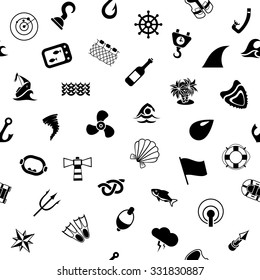 Sea Fishing pattern. Seamless texture. Black silhouettes. Isolated on white background. Vector illustration.
