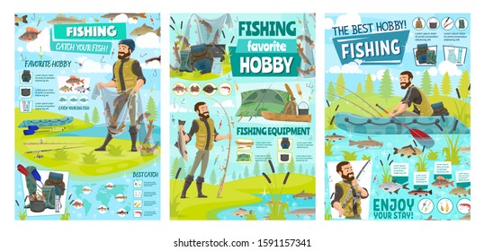 Sea fishing sport and big fish catch hobby, fisher tackles, lures and equipment infographics. Vector fisherman in rubber boat at river with rod, fisherman camping tent and seafood baits