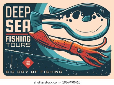 Seefischerei Sport Retro-Poster mit Vektorfisch, Meeresfrüchte, Angelgerät und Köder. Fugu-Fische, Kalmare, Angelstange oder Spinnerei, Haken, Rollen und Lure, Angeltouren oder Wettbewerbsplanung