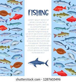 Sea fishing template. Fish page design. Seafood layout , cartoon salmon, anchovy, codfish, sea bass, ocean perch and sardine. Icon mackerel, herring, dorado tuna halibut tilapia and trout.