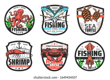 Sea fishing vector icons with fish, seafood, fisherman rod and net. Crab, octopus and squid, tuna, shrimp and salmon, sea turtle, ocean prawn and anchor, seaweed and corals badges, fishing club design