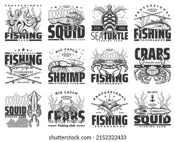 Iconos vectores de pesca marítima para clubes de pesca profesional, torneos de pesca y tiendas de pesca. Equipos de pesca para cangrejo, pulpo oceánico, tortuga y calamar, gambas o gamba, conjuntos aislados de emblemas monocromos