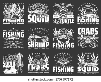 Sea fishing vector icons with seafood, fish and fisherman tackle. Crabs, octopus and tuna, marlin, shrimp and squid, sea turtle, prawn and fishing sport rods, nets and hook, fishery boat, anchors