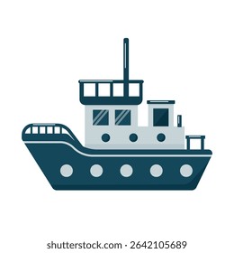 Sea fishing vessel. Boat, ship, marine transport drawing isolated on white. Transport, travel, fishing industry concept. Vector.